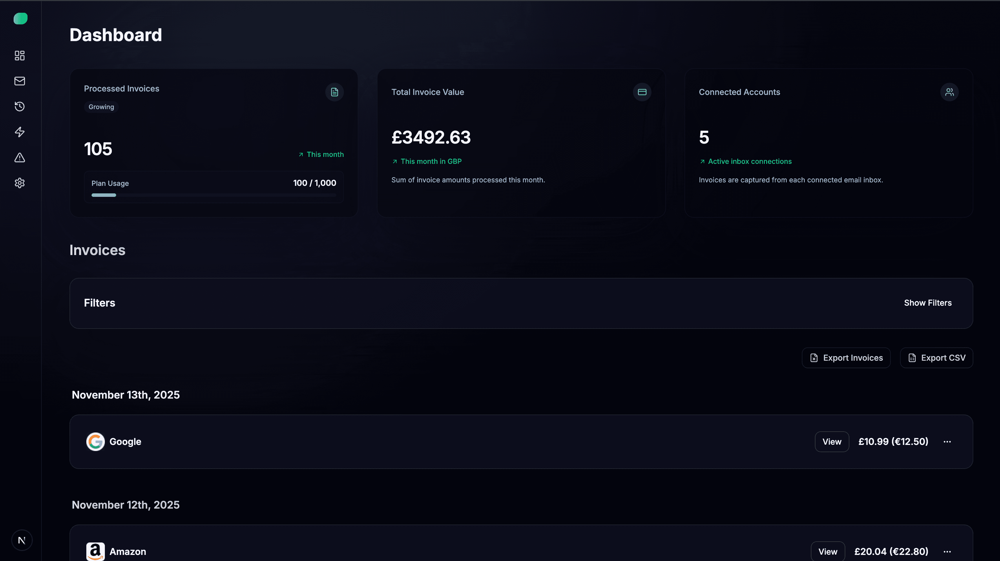 Invoice Intel dashboard showing invoice analytics